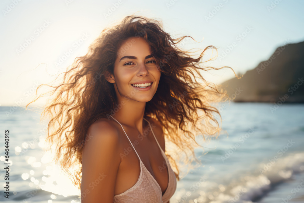 A Beautiful Woman Standing On Top Of A Beach Next To The Ocean. Сoncept Beach Vacations, Scenic Beauty, Appreciating Nature, Women Empowerment A Beautiful Woman Standing On Top Of A Beach Next To The Ocean. Сoncept Beach Vacations, Scenic Beauty, Appreciating Nature, Women Empowerment