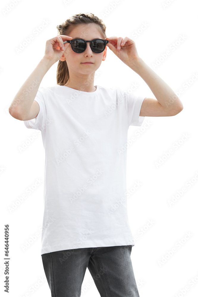 Child girl wearing white t-shirt with space for your logo Child girl wearing white t-shirt with space for your logo