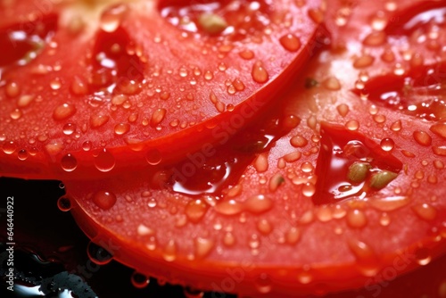 a close-up shot of a sliced red tomato with water droplets