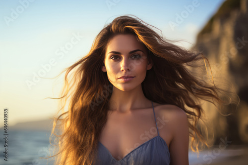 Radiant Young Woman Model By The Sea . Сoncept Sea Side Selfies, Radiant Confidence, Modeling By The Sea, Joyful Youth Vibes. Сoncept Young Women Making A Difference, Stepping Out Into Nature