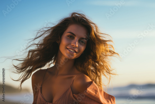 Radiant Young Woman Model Against The Sea . Сoncept Radiant Confidence, Seaside Lookbook, Empowering Youth, Sustainable Styling. Сoncept Power Of A Smize, Proudly Representing Diversity