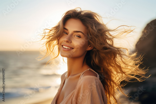 Radiant Young Woman Model By The Sea . Сoncept Radiant Beauty, Sea Photography, Stunning Fashion, Young Female Models. Сoncept Positive Energy, Vibrancy, Beauty, Women In Modelling, Fashion Industry © Anastasiia
