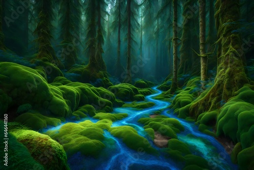 forest path, exo biotech, Frontlight, bio, Beautiful, moss, green and blue liquid - AI Generative