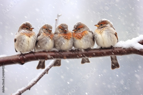 a group of sparrows huddling on a branch in a snowstorm