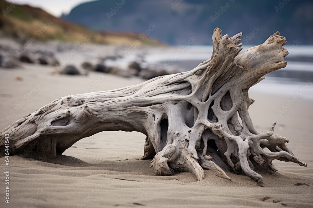 detailed shot of weathered driftwood washed up on a sandy beach