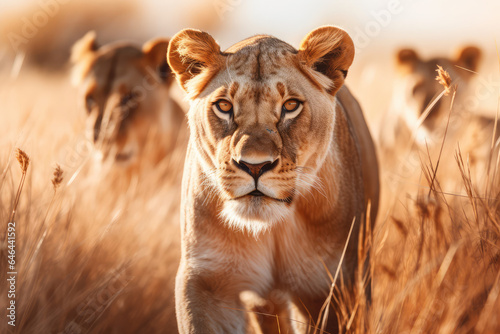 a herd of lioness on the background of the African savannah