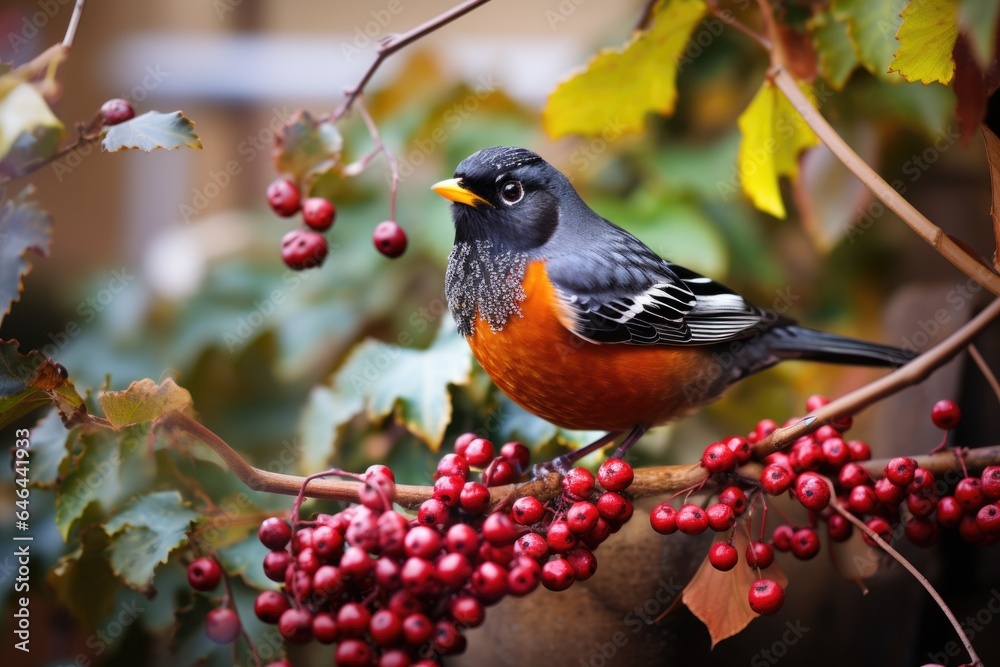 a robin stealing berries from a garden bush a robin stealing berries from a garden bush