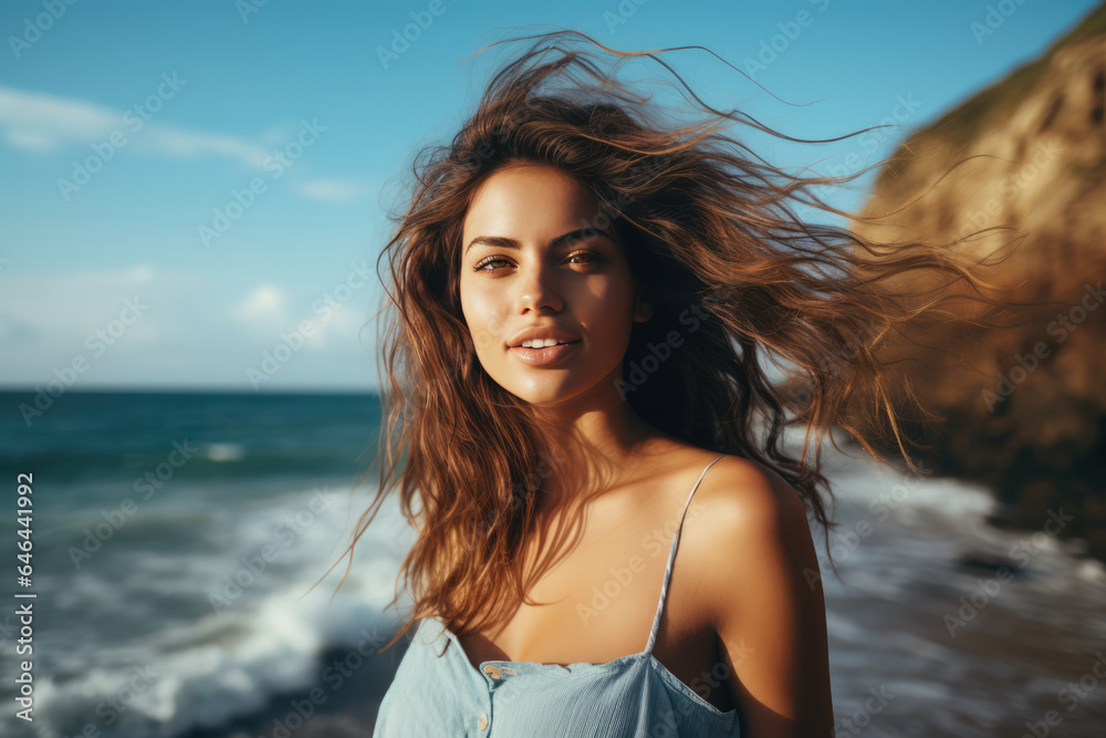 Vibrant Young Woman Model Against The Sea. Сoncept Modeling Industry, Young Womens Empowerment, Sustainable Fashion, Coastal Living Vibrant Young Woman Model Against The Sea. Сoncept Modeling Industry, Young Womens Empowerment, Sustainable Fashion, Coastal Living