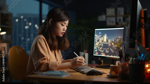 Cute asian Female Art Director Reviewing 3d Model of Shoe, Working on Powerful Desktop Computer at Home.