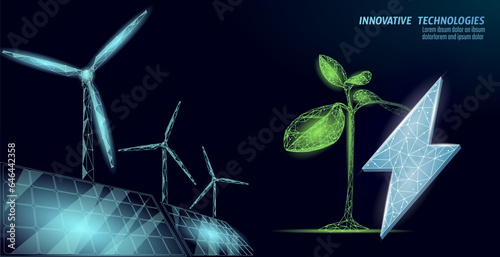 3D windmills ecology forest concept. Save environment wind green tree energy sustainable power. Eco global planet solution. Triangle vector illustration art