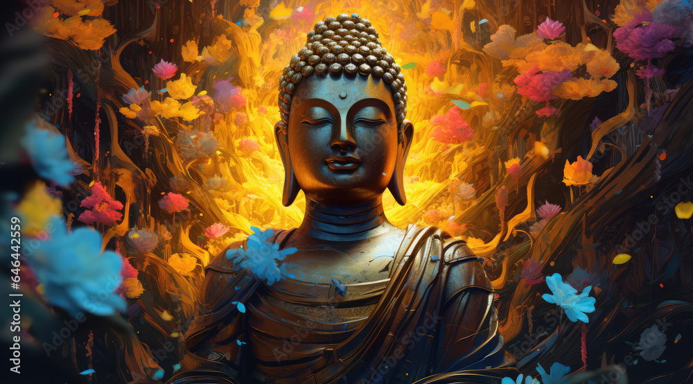 abstract a painting of a colorful glowing golden buddha