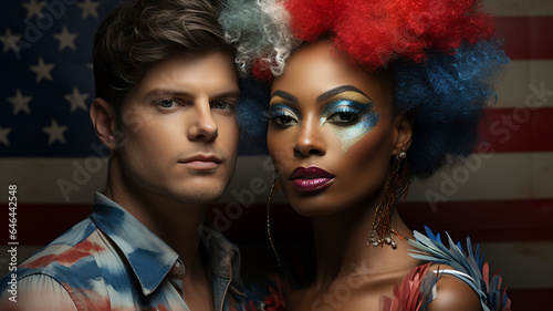 Happiness freedom african american woman with make up face and a man,Portrait studio shot on American flag ,Generative Ai