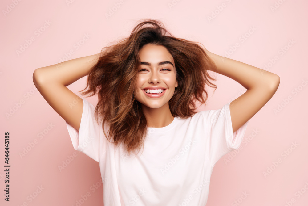 Energetic Young Woman Model On A Pastel Background