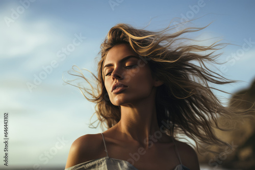 Expressive Young Woman Model Against The Sea