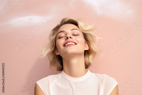 Expressive Young Woman Model On A Pastel Background . Сoncept Trendy Fashion, Colorful Beauty, Emotional Expressions, Pastel Backgrounds.