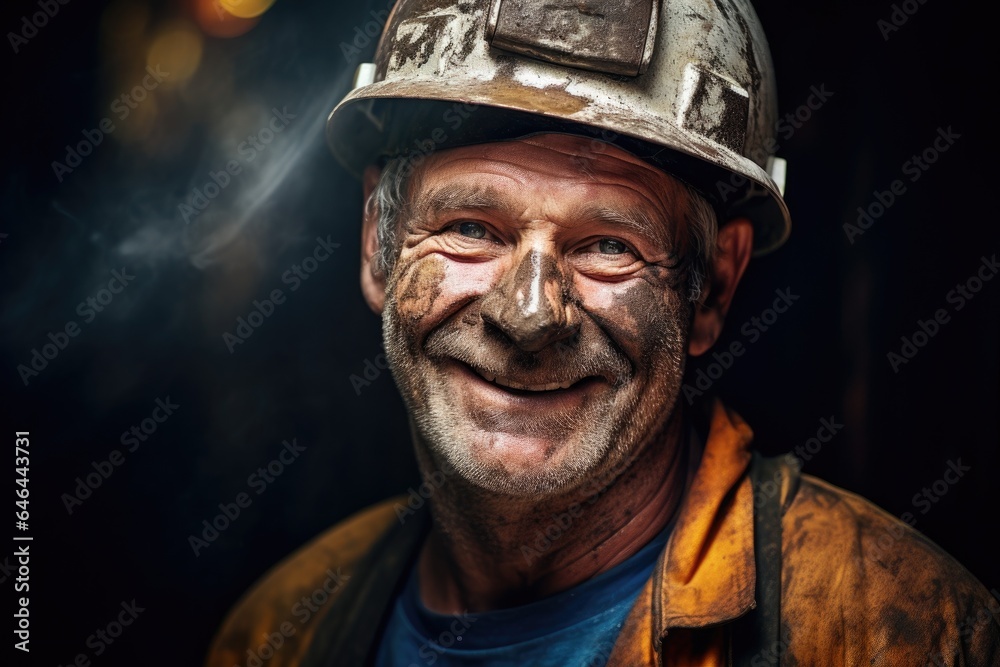 Portrait of a middle aged tired but happy miner man in helmet with dirty face, looking at camera. Portrait of a middle aged tired but happy miner man in helmet with dirty face, looking at camera.