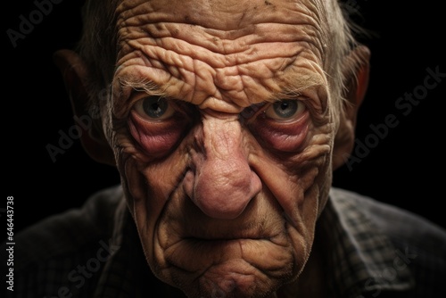 Portrait of angry elderly man frowning and looking at camera. Senior old man with evil horror expression on face, close-up.