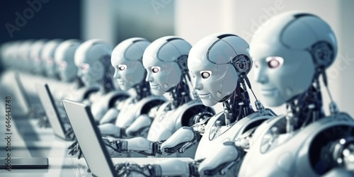 Many identical AI robots sitting at desk in the office and working with computers.