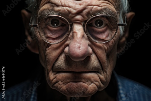 Portrait of grumpy elderly man in glasses frowning and looking at camera. Face of senior old man close-up. © DenisNata