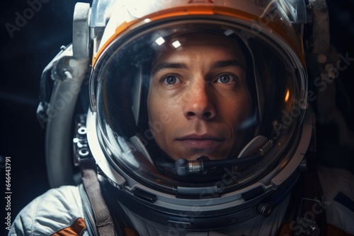 Astronaut man wearing helmet in space, close-up portrait. Space travel concept.