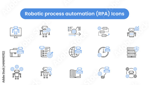 Vector icon set of robotic process automation RPA editable stroke on white background. Automation, robots, robotic technology innovation systems.