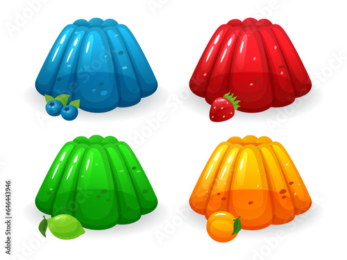 Cartoon jelly. Sweet blueberry, strawberry, lime and peach taste jellies. Colorful gelatin dessert isolated vector illustration set