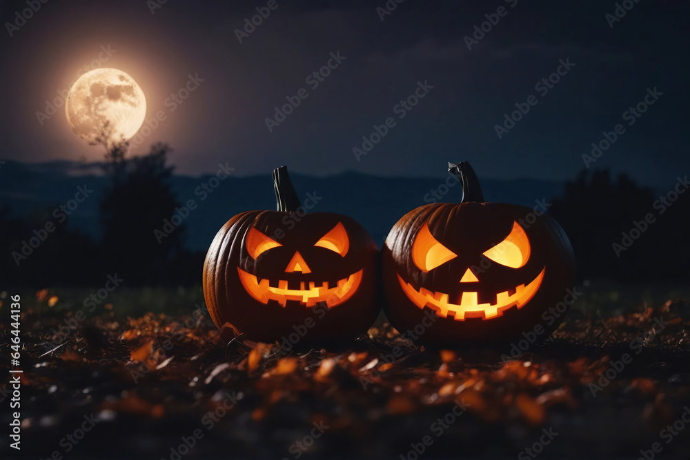 Fototapeta premium Carved pumpkins for halloween smiling on ground under big moonlight. Big moon on background. Bats on the sky