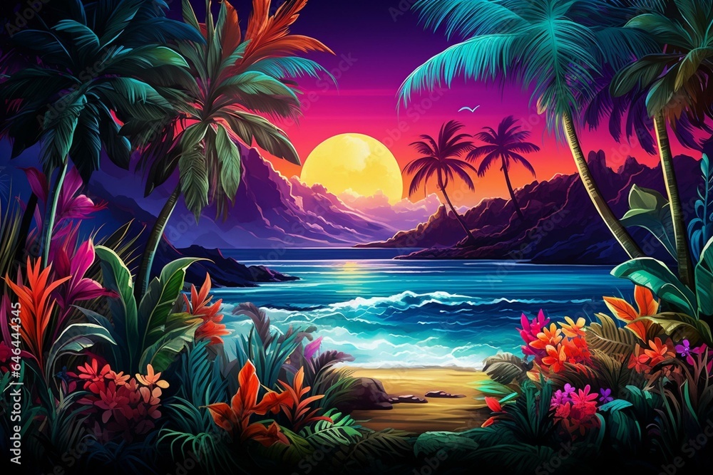 Vibrant tropical scene with neon frame, fluorescent leaves, and a summer theme. Generative AI