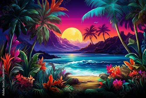 Vibrant tropical scene with neon frame  fluorescent leaves  and a summer theme. Generative AI