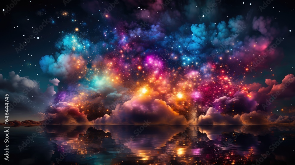 Fototapeta premium a huge moon lit up the sky several colorful fireworks exploded in space