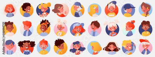 Set of portraits, avatars of children. Modern stylish diverse characters, different nationalities and ages. Smiling boys and girls. Flat cartoon style isolated on white background. 