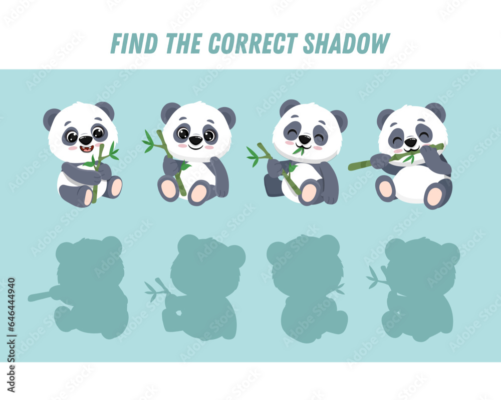 Find correct shadow of cute panda. Educational logical game for kids. Cartoon panda. Vector