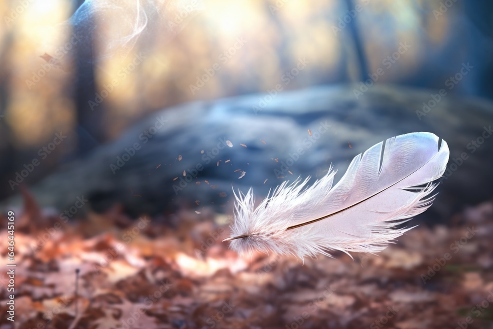 a feather floating in the air against a blurred forest background a feather floating in the air against a blurred forest background