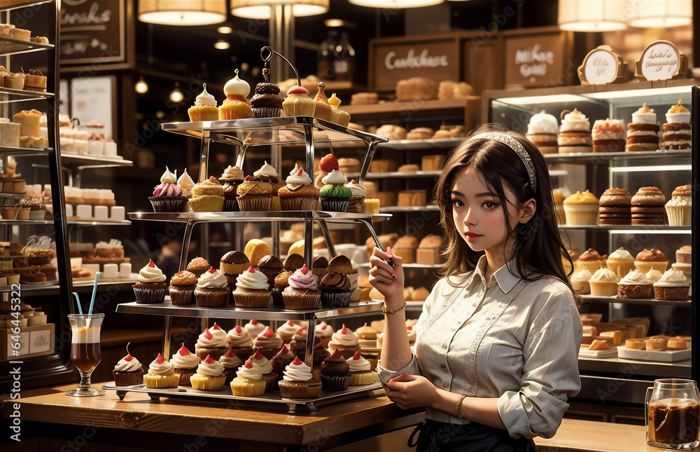 Beautiful asian girl sells in cupcake shop. Anime asian beautiful business owner girl
