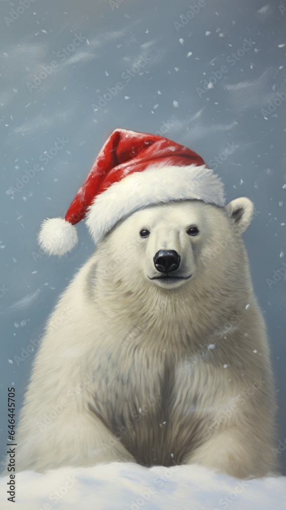 A painting of a polar bear wearing a santa hat A painting of a polar bear wearing a santa hat