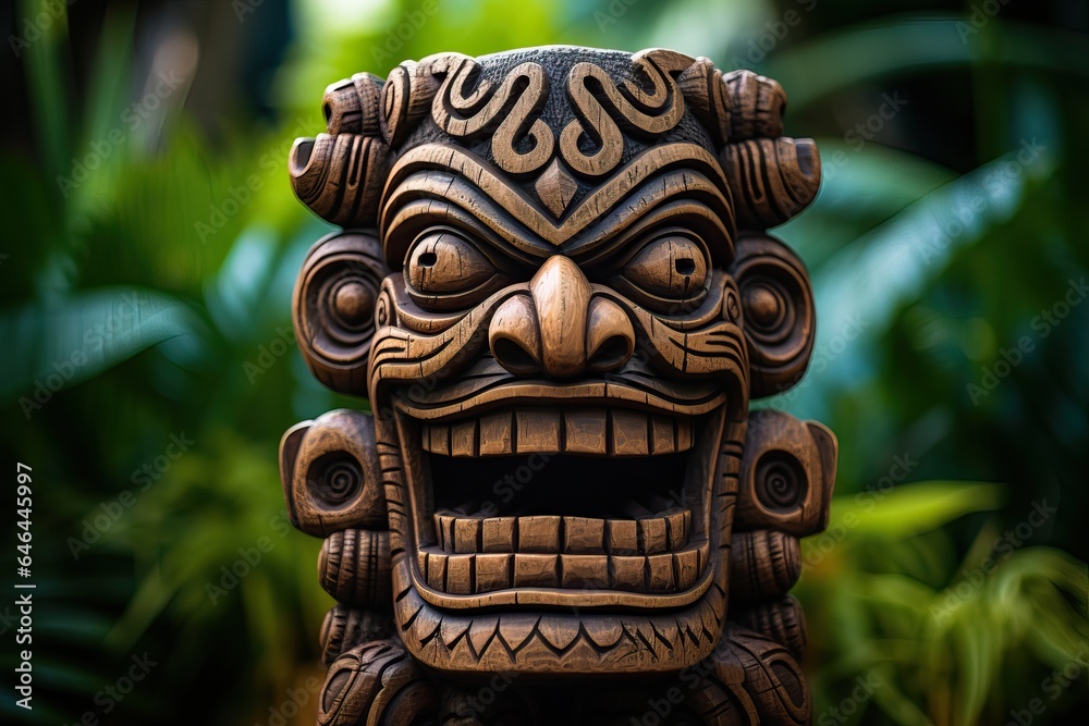 Fototapeta premium Tiki Mask of some Tribu in the middle of a Tropical Forest.