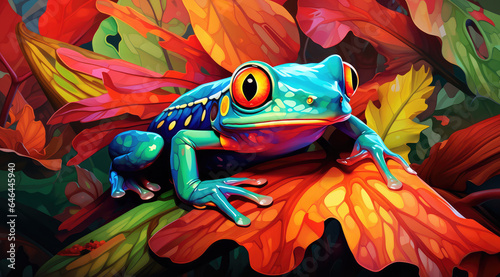 a colorful frog perched on a leaf