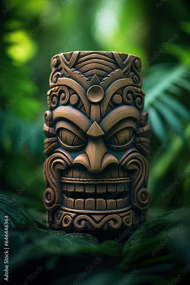 Tiki Mask of some Tribu in the middle of a Tropical Forest.