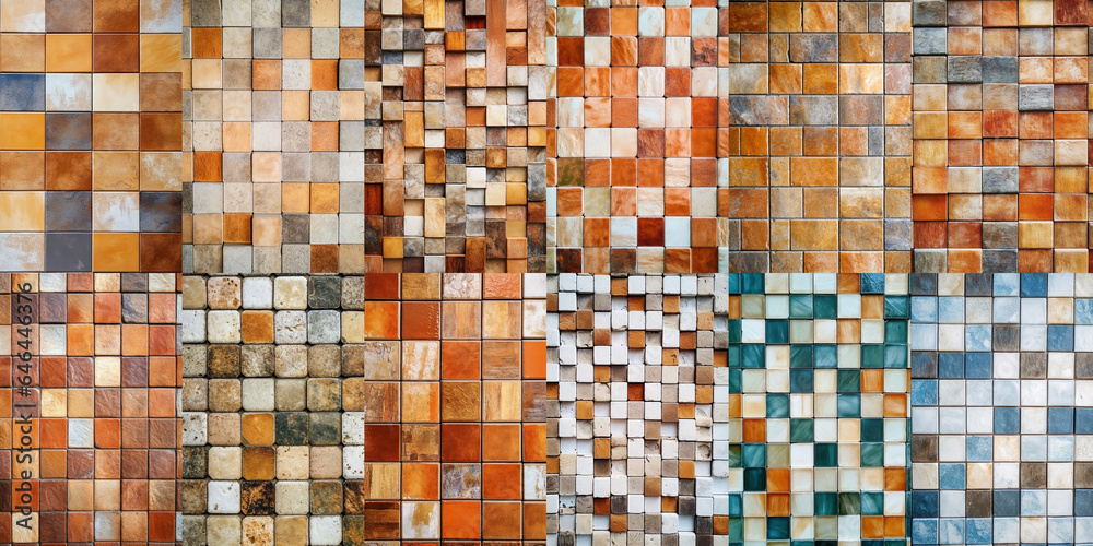 Fototapeta premium カラフルな美しいセラミックタイル風のコラージュの背景素材「AI生成画像」