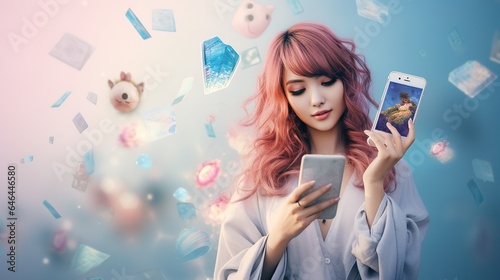 people's use of technology using mobile devices or computer networks. Girl with phone
