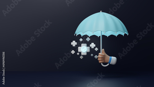 Health insurance concept, Healthcare plus symbol with umbrella protection for insurance and assurance life concept. Medical technology background, health insurance business. 3d rendering illustration