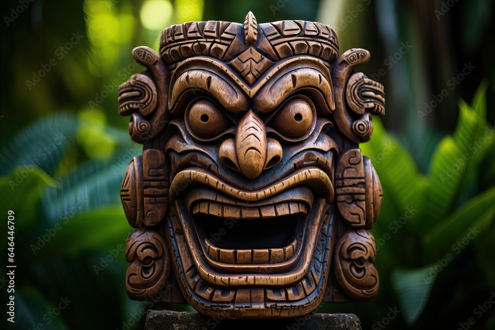 Tiki Mask of some Tribu in the middle of a Tropical Forest. - obrazy, fototapety, plakaty 