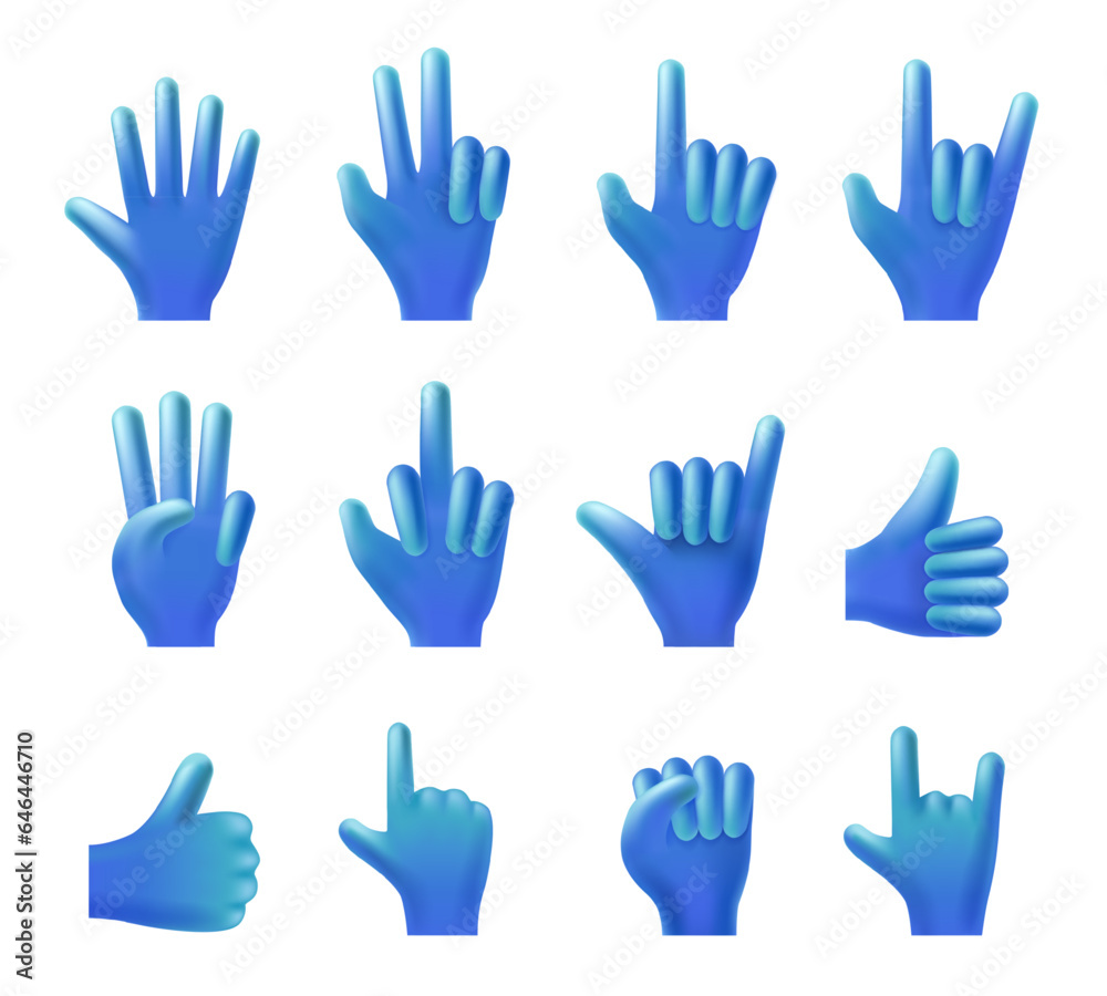 Obraz premium Hand gestures collection. 3D pointed finger gesture, high five or hello waving hand, thumbs up Like and Victory vector illustration set