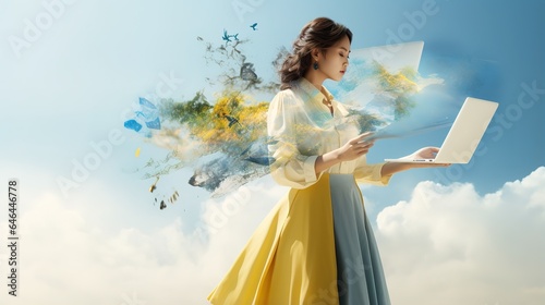 A girl in a yellow dress works at a computer.