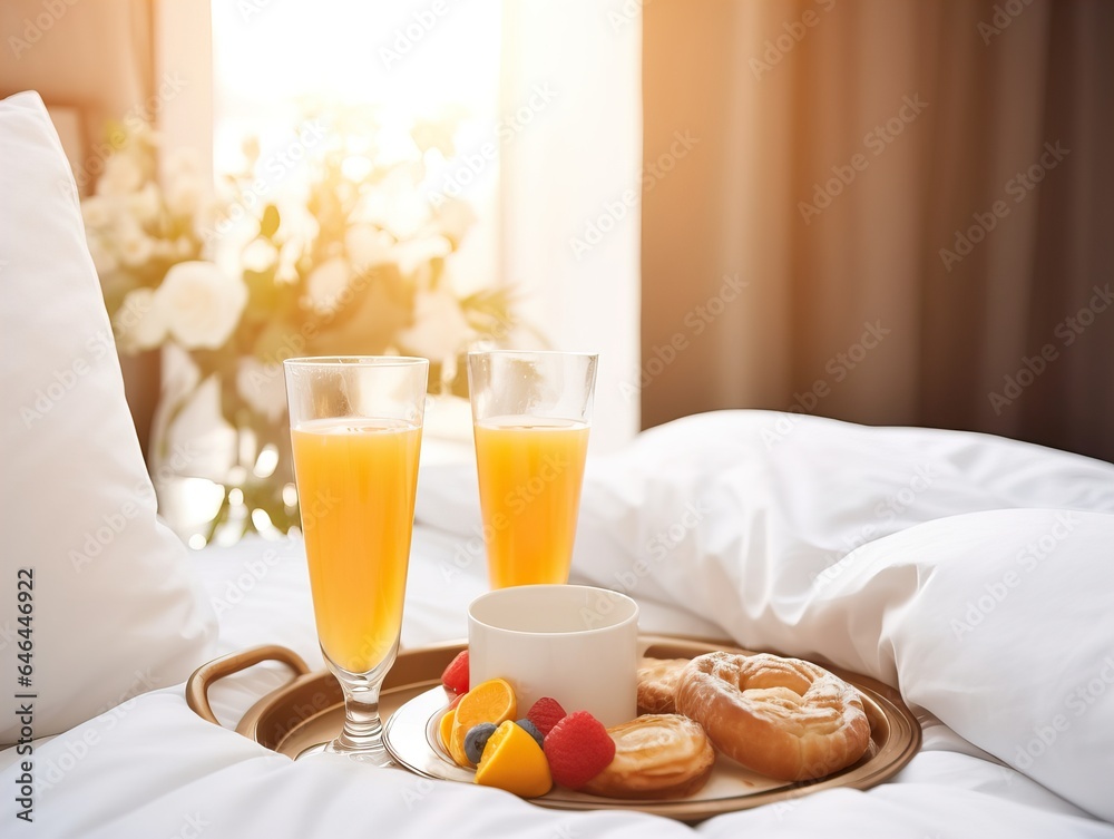 Beautiful cozy breakfast in bed, home bedroom interior with bright morning light, healthy food on decorated tray, weekend meal Beautiful cozy breakfast in bed, home bedroom interior with bright morning light, healthy food on decorated tray, weekend meal