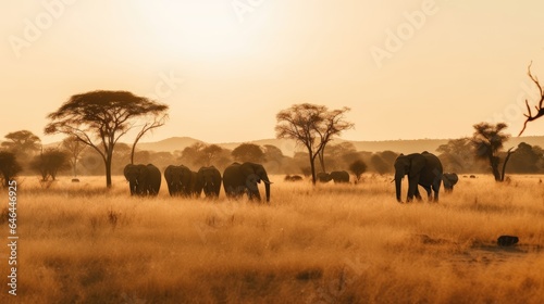 A Herd of Elephants Walking Across a Dry Grass Field at Sunset with the Sun in the Background and a Few Trees in the Foreground, generative ai © 3D Station