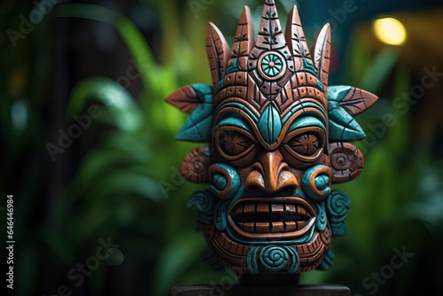 Tiki Mask of some Tribu in the middle of a Tropical Forest. photo
