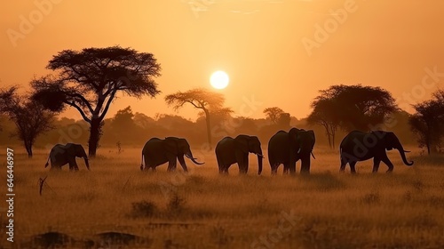 A Herd of Elephants Walking Across a Dry Grass Field at Sunset with the Sun in the Background and a Few Trees in the Foreground, generative ai © 3D Station
