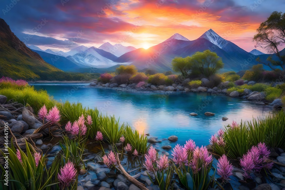 painting of lakeside mountain view, sunset, raging storm, vibrant, rocky riverbank, water hyacinth, cattails, distant flying birds, driftwood - AI Generative