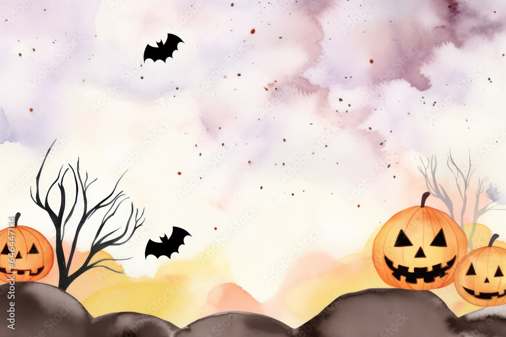 Watercolour Bat Pumpkins In The Spooky Night, Halloween background Watercolour Bat Pumpkins In The Spooky Night, Halloween background